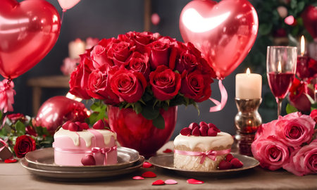 Valentine's Day background with red roses, cake and candlesの素材