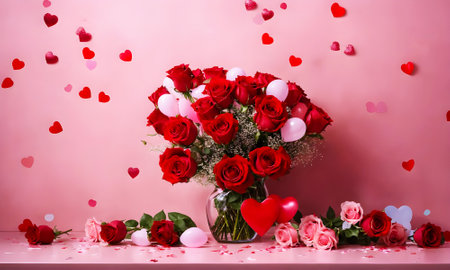 Bouquet of red roses in vase with hearts on pink backgroundの素材
