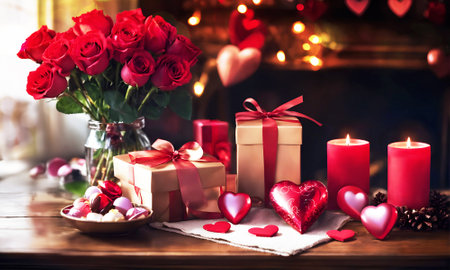 Valentine's Day background with red roses, gift box and candlesの素材
