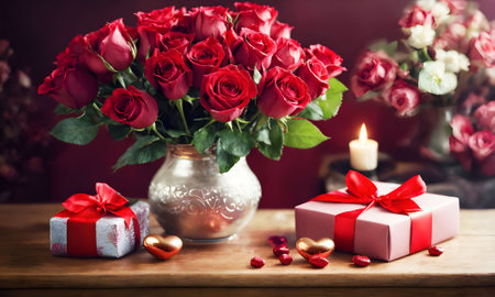 Valentines day background. Bouquet of red roses with gift boxes and candles on wooden tableの素材