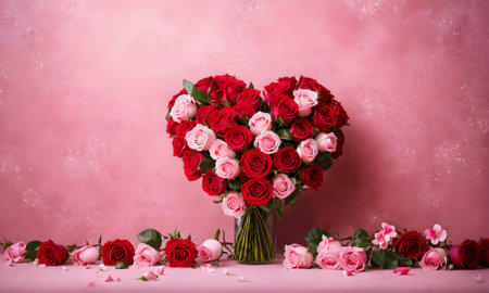Heart shaped bouquet of red and pink roses on a pink backgroundの素材