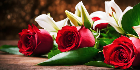 Red roses and lilies on wooden table. Valentines day backgroundの素材