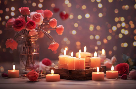 Valentine's Day background with burning candles on bokeh backgroundの素材