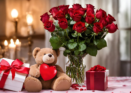 Bouquet of red roses and a teddy bear with a gift boxの素材