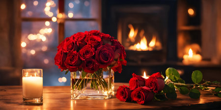 Bouquet of red roses and candles on wooden table in front of fireplaceの素材