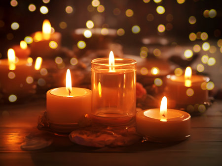 Close-up of burning candles on a wooden table. Romantic moodの素材