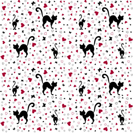 Seamless background with hearts and catsの写真素材