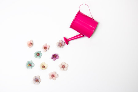 Watering can and flowers on white background. Flat lay, top view.の写真素材