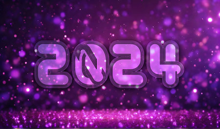 New Year 2024. Purple bokeh background.