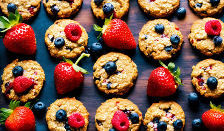 Oatmeal cookies with fresh berries on wooden background. Healthy breakfast.の素材