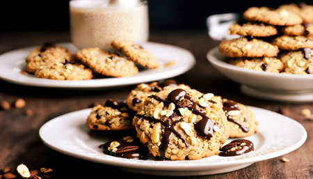 Homemade oatmeal cookies with chocolate and nuts on a wooden tableの素材