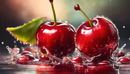 Fresh cherries with water drops on a dark background, macro photoの素材