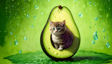 Cute cat sitting on an avocado with drops of water on green backgroundの素材