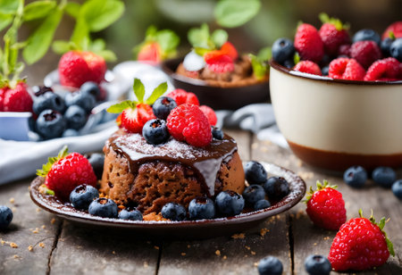 Chocolate cake with fresh berries on wooden background. Selective focus.の素材