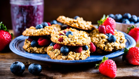 Healthy breakfast. Oatmeal cookies with fresh berries and jam on wooden backgroundの素材