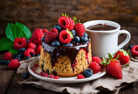Chocolate cake with fresh raspberries and blueberries, selective focusの素材