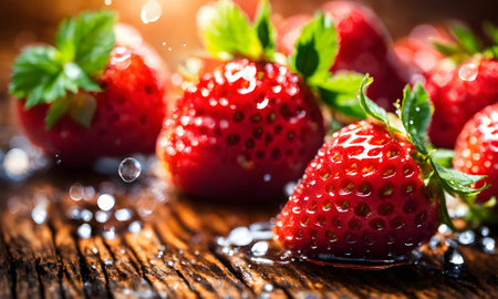 Fresh strawberries with water drops on rustic wooden table, closeupの素材