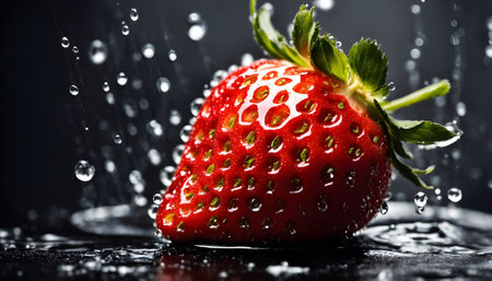 Strawberry with water drops on a black background. Close-up.の素材