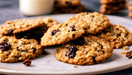 Oatmeal cookies with raisins and cranberries on a plateの素材