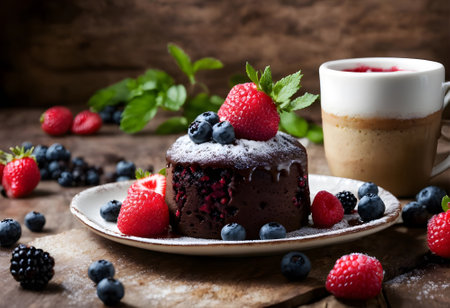 Chocolate cake with fresh berries and cup of coffee, selective focusの素材