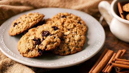 Oatmeal cookies with raisins and cranberries on a plate. Healthy eatingの素材