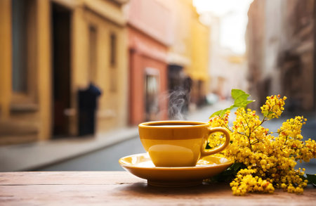 A yellow coffee cup with yellow flowers on an old wooden table on a sunny morning in the city.の素材
