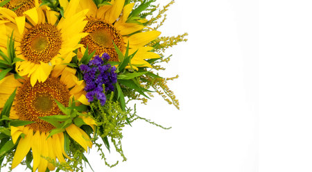 Bouquet of sunflowers and lavender isolated on white backgroundの写真素材