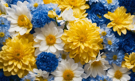 Close-up of blue, yellow and white chrysanthemum flowers in the backgroundの素材