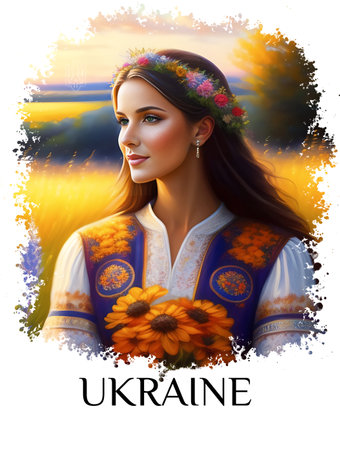 Beautiful Ukrainian woman in yellow flowersの素材