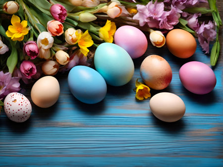 Colorful easter eggs and spring flowers on blue wooden table.の素材