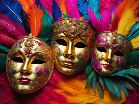 Carnival masks with feathers on a colorful background. Close-up.の素材