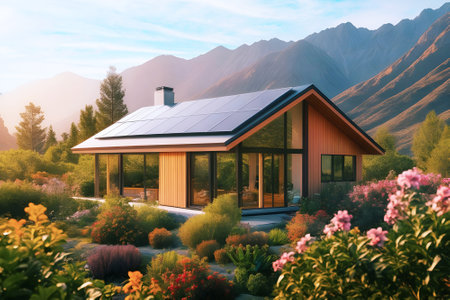 Modern home with solar panels on the roof among the mountains and beautiful nature on a sunny summer day.の素材