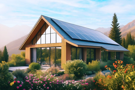 Modern home with solar panels on the roof among the mountains and beautiful nature on a sunny summer day.の素材