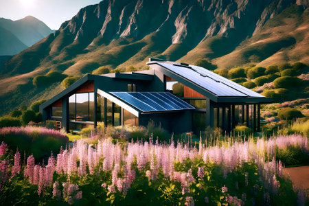 Modern home with solar panels on the roof among the mountains and beautiful nature on a sunny summer day.の素材