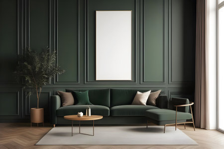 Green living room interior with a green sofa, a coffee table and a vertical poster.の素材