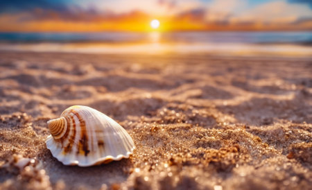 Seashells on the sandy beach at sunset. Vacation conceptの素材