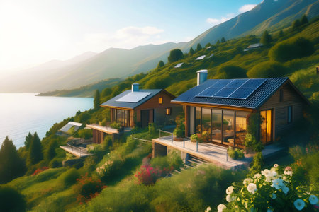 Beautiful cozy modern house with solar panels on the roof of the house, amidst tree covered mountains, sea and beautiful nature and flowers illuminated by bright sunlightの素材