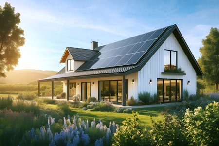 Beautiful cozy modern farmhouse with solar panels on the roof of the house, amidst beautiful nature and flowers illuminated by the bright sunshineの素材