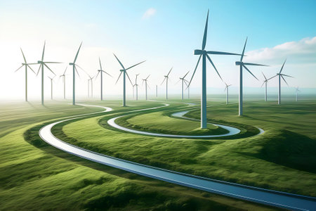Wind turbines against a bright sky, generating powerの素材