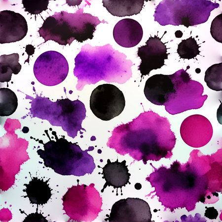 Watercolor seamless pattern with black and purple splashes on white backgroundの素材