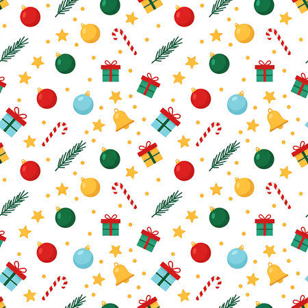 Seamless festive pattern featuring colorful Christmas icons including red, green, yellow, and blue ornaments, wrapped gift boxes, candy canes, golden bells, pine branches, and yellow stars. Arranged on a white background, the design evokes a joyful and decorative holiday atmosphere. Perfect for seasonal wrapping paper, greeting cards, textiles, and digital backgrounds.の素材