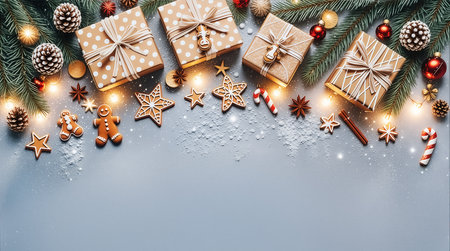 Festive flat lay composition on a light blue surface featuring wrapped gift boxes with polka dots and stripes, tied with elegant ribbons. Surrounding the gifts are gingerbread cookies shaped like stars, snowflakes, and gingerbread people, candy canes, pinecones, red and gold baubles, cinnamon sticks, star anise, and powdered sugar. Evergreen branches with warm lights frame the top, creating a cozy and cheerful holiday atmosphere. Ideal for seasonal greeting cards, blog headers, festive ads, and digital backgrounds.の素材