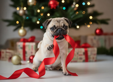 Festive holiday scene featuring a small pug sitting on a white floor in front of a decorated Christmas tree with glowing lights and ornaments. The pug playfully holds a red ribbon in its mouth and paw, with the ribbon trailing across the floor. Behind the dog are wrapped Christmas presents with red ribbons. The cozy and cheerful setting evokes warmth, joy, and holiday spirit. Ideal for seasonal greeting cards, pet-themed products, festive packaging, and digital designs.の素材