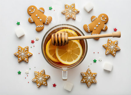 Cup of Tea with Lemon and Honey Surrounded by Gingerbread Cookies and Sprinklesの素材
