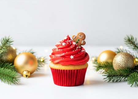 Christmas Cupcake with Red Frosting Gingerbread Cookie Pine Branches and Ornaments on White Backgroundの素材