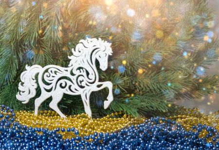 White Ornamental Horse with Blue and Gold Beads in Pine Holiday Sceneの写真素材