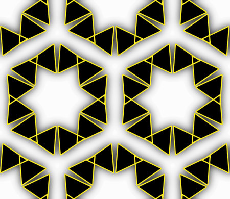 Minimalist seamless background with black and yellow geometric triangles forming hexagonal shapes on...
