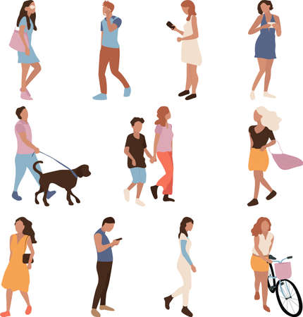 Crowd of people performing outdoor activities - walking dogs, riding bicycle, taking photos. Group of male and female flat cartoon characters isolated on white background. Vector illustration.のイラスト素材