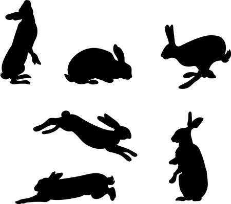 Set of hand-drawn running, looking up and sitting in various poses rabbits black silhouette. Set of Easter bunny outlines isolated on white background. Simple cartoon bunny.のイラスト素材