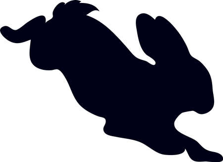 Hand-drawn black silhouette of cute rabbit, running, looking up and sitting in various poses, isolated on white background .Vector illustration.のイラスト素材